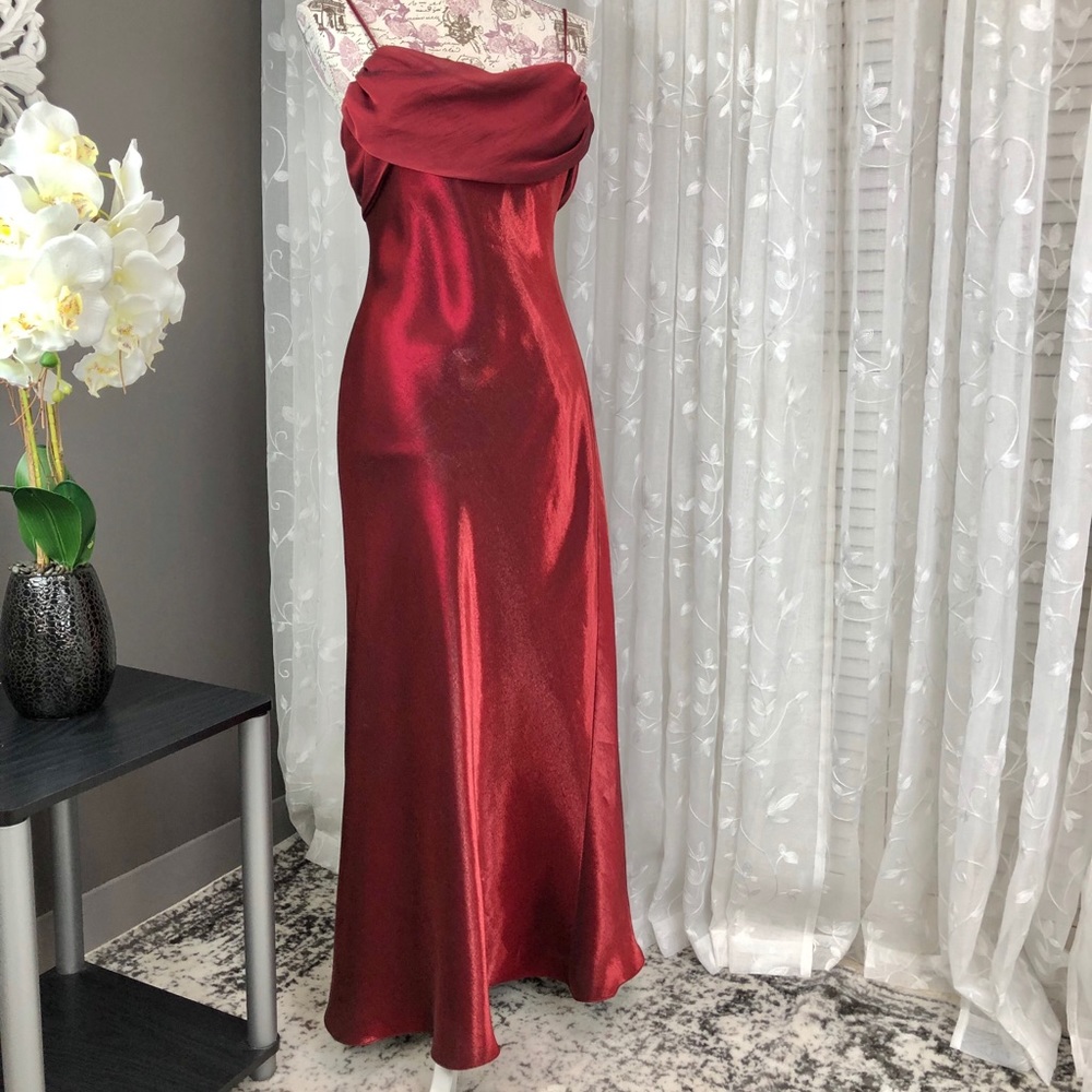 Betsy & Adam Red Satin Evening Gown